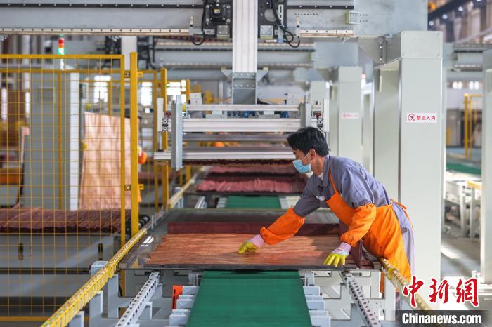 图为江西乐汇林新材料科技有限公司生产车间内，工人在生产线上作业。(资料图) 刘力鑫 摄